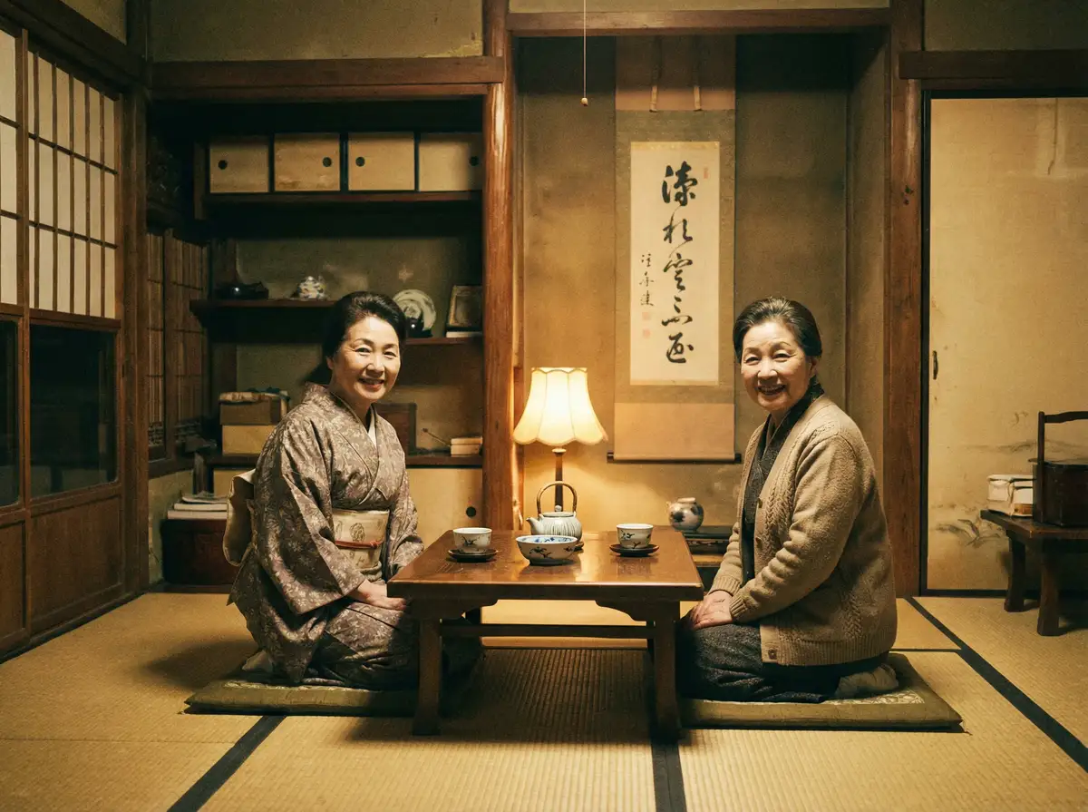两位优雅的 啄木鸟 在日式茶室中品茶交谈